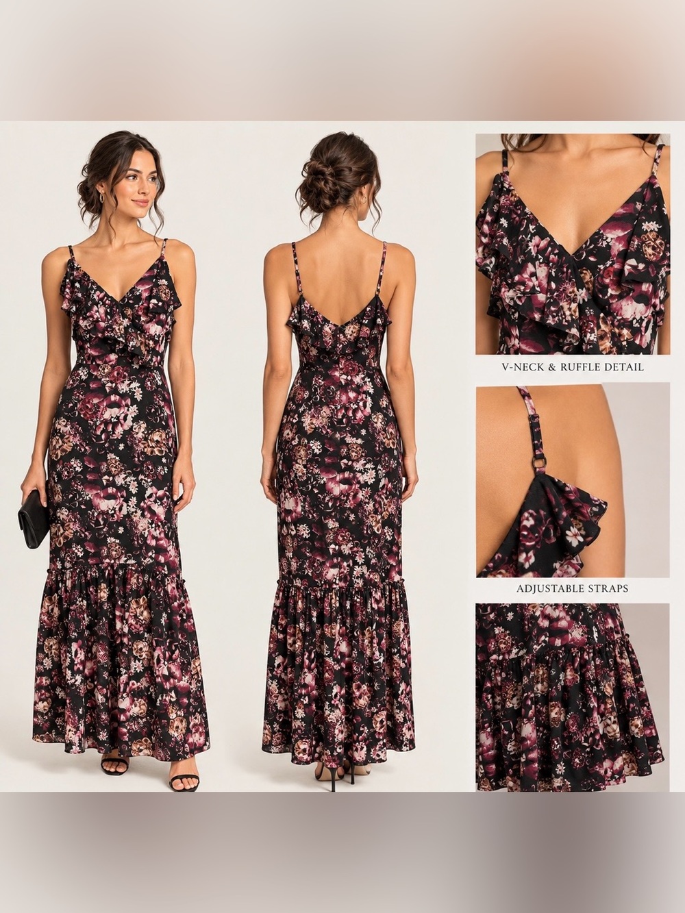 bebe Black Floral Ruffle-Trim Maxi Dress with Pink Accents